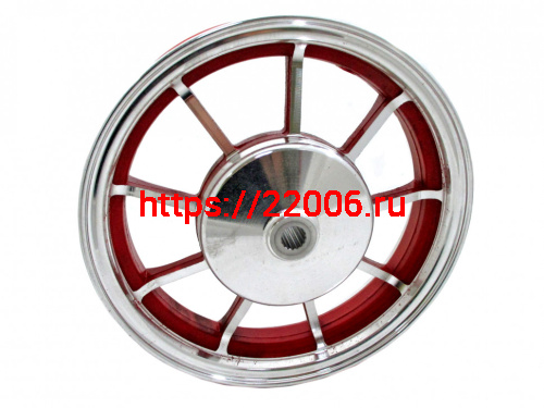 Диск колеса 10" Yamaha Jog задний, литой, барабанный тормоз красный Диск колеса 10" Yamaha Jog задний, литой, барабанный тормоз красный