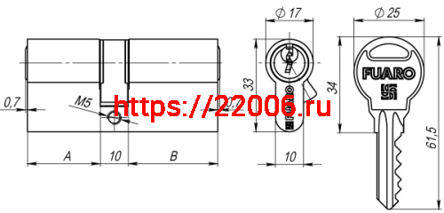 Цилиндровый Fuaro (Фуаро) механизм R300/70 mm (30+10+30) CP хром 5 кл. фото 2 Цилиндровый Fuaro (Фуаро) механизм R300/70 mm (30+10+30) CP хром 5 кл. фото 2