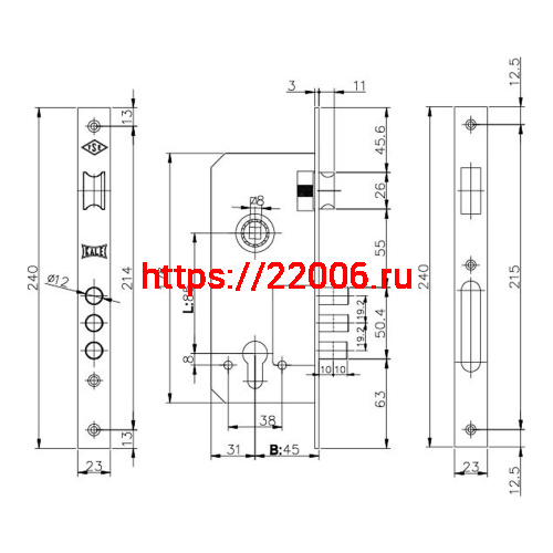 Корпус Kale kilit (Кале килит) врезного замка с защёлкой 152/3MR (45 mm) w/b (латунь) фото 3 Корпус Kale kilit (Кале килит) врезного замка с защёлкой 152/3MR (45 mm) w/b (латунь) фото 3