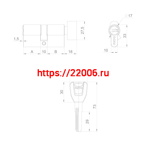 Цилиндровый Punto (Пунто) механизм (A202/70) A2002Knob70(30+10+30) с вертушкой PB латунь фото 3 Цилиндровый Punto (Пунто) механизм (A202/70) A2002Knob70(30+10+30) с вертушкой PB латунь фото 3