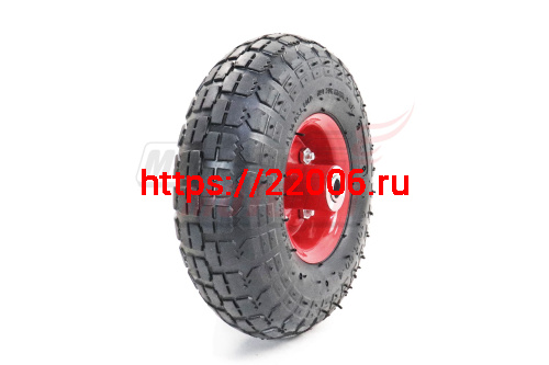 Колесо тачки садовой 4" 3,50-4" (под ось d=16мм, длина 55мм) несимметрич. ступица, подшипник, камера Колесо тачки садовой 4" 3,50-4" (под ось d=16мм, длина 55мм) несимметрич. ступица, подшипник, камера