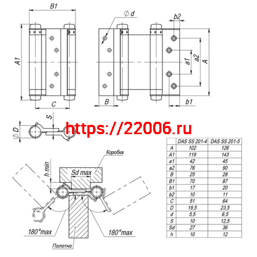 Петля Armadillo (Армадилло) пружинная двусторонняя BH470SS (100*70*1.5) SG (DAS SS 201-4") мат. золото фото 2