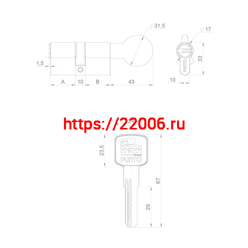 Цилиндровый Punto (Пунто) механизм Z3002Knob90(35+10+45) с вертушкой CP хром фото 3 Цилиндровый Punto (Пунто) механизм Z3002Knob90(35+10+45) с вертушкой CP хром фото 3